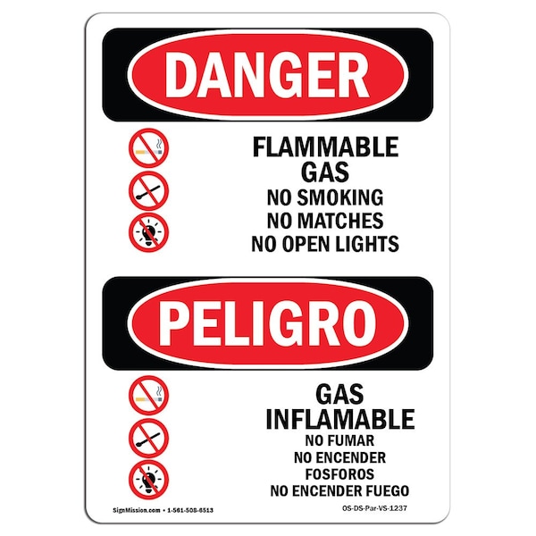 Safety Sign, OSHA Danger, 24" Height, Aluminum, Flammable Gas No Smoking Matches Spanish